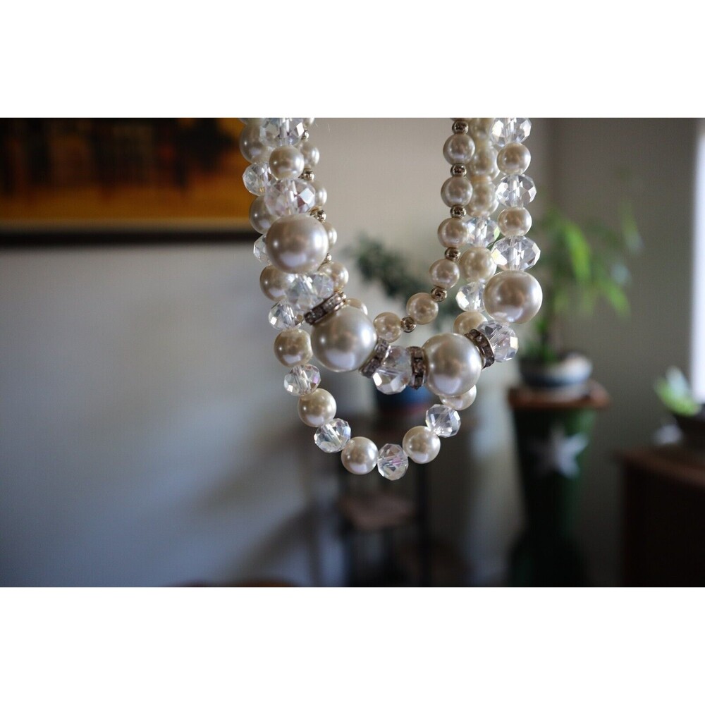Faux Pearl 3 Strand Glass Clear Crystal Beads Rhinestone Necklace Silver Tone